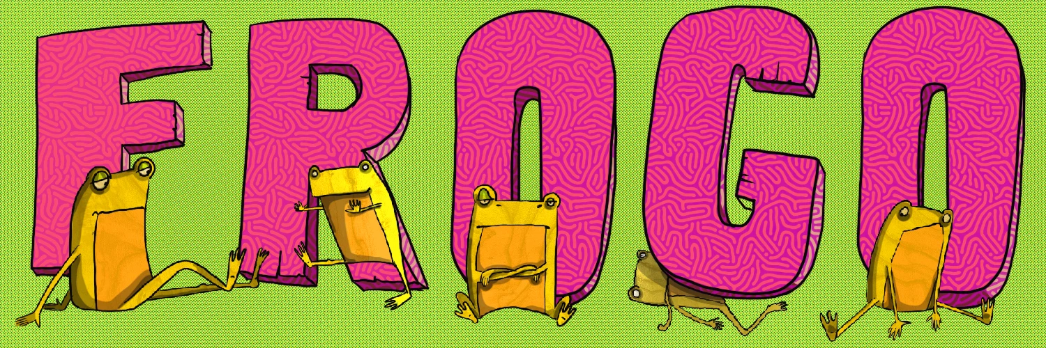 The word FROGO in giant magenta letters with five Frogos lounging against them