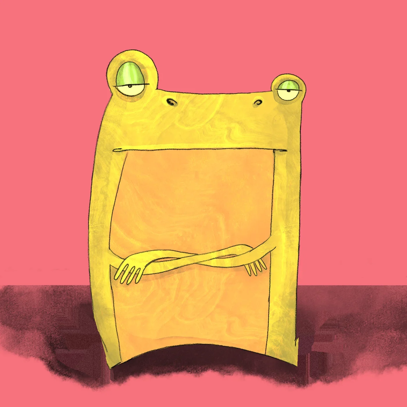 FROGO, a tiny yellow character with uneven sleepy eyes, folded arms and wide feet, on a coral background
