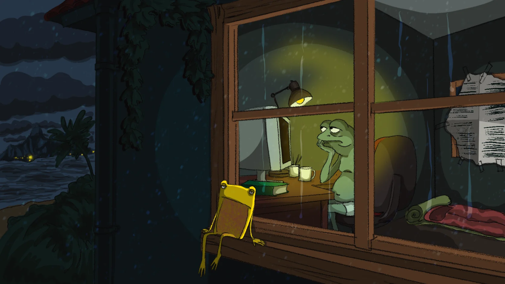 At night in the rain, Frogo sits on a window ledge outside a lit room where a tired green frog sits at a desk